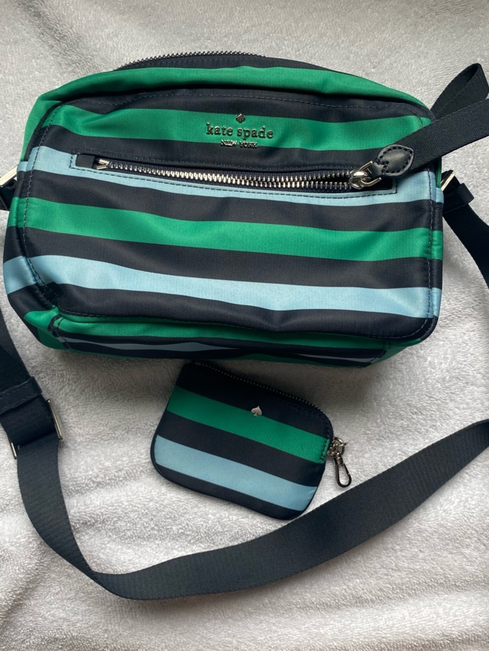 kate spade Green, Black & Light Blue Striped Belt Bag with Coin Pouch